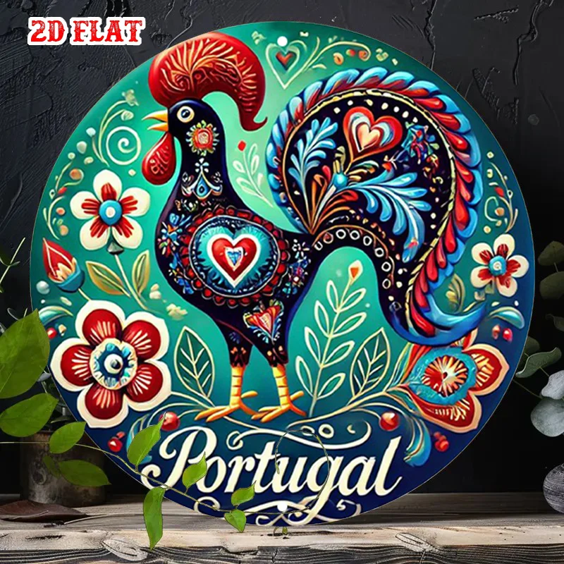2D flach, 1 Stück Vintage portugiesischer Hahn Metallwanddekoration – rustikales Portugal – Floral & Fleur-de-Lis Motive in Rot, Blau, Grün, G