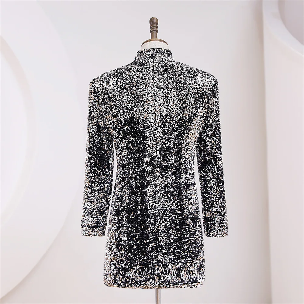 Glitter Gold Silver Sequins Blazers Bar Nightclub Male Singer Concert Stage Jacket Zipper Stand Collar Long Coat Shining Costume