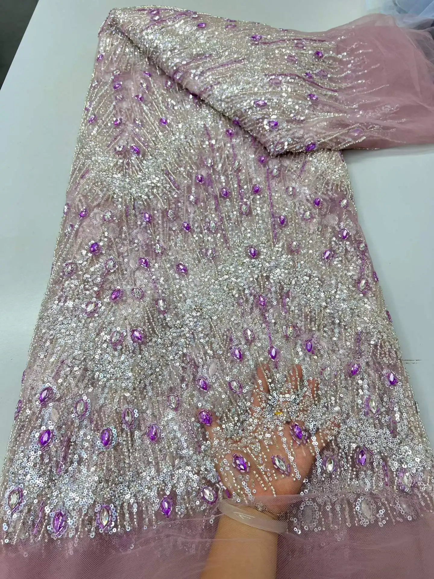 Special Design French Tassel Stones Tulle Lace Hot Sale Luxury Beaded African Nigerian Sequins Net Lace Fabric For Evening Party