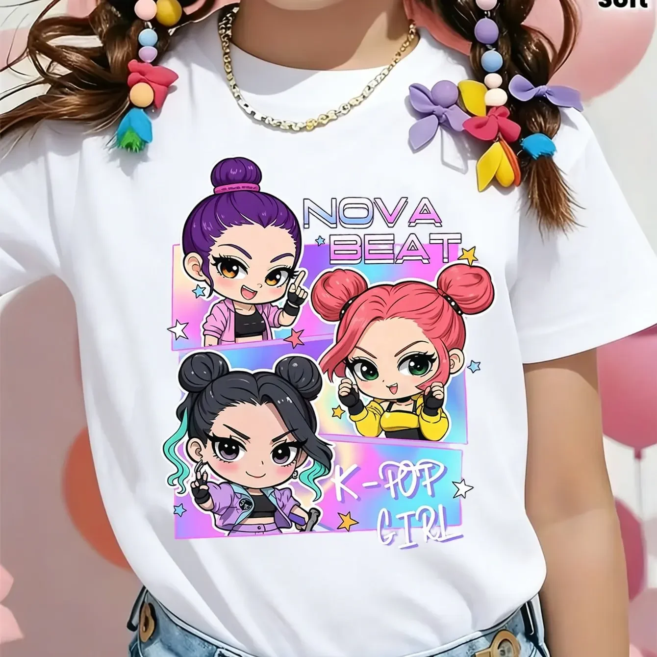 

Day New Girls' T-Shirt "Nova Beat Vibrant K-POP Girl Group" Cartoon Print Casual Versatile Top, 100% Pure Cotton