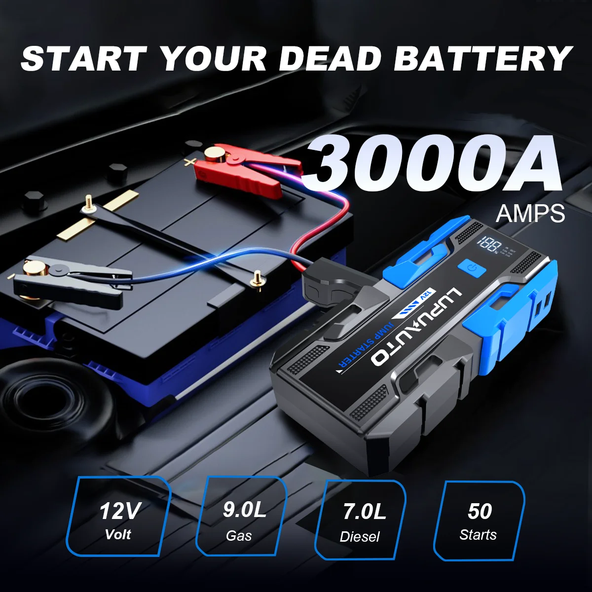 New 12V 3000A Portable Car Jump Starter Battery Booster Pack with Digital Display, Heavy-Duty Clamps & Carry Case