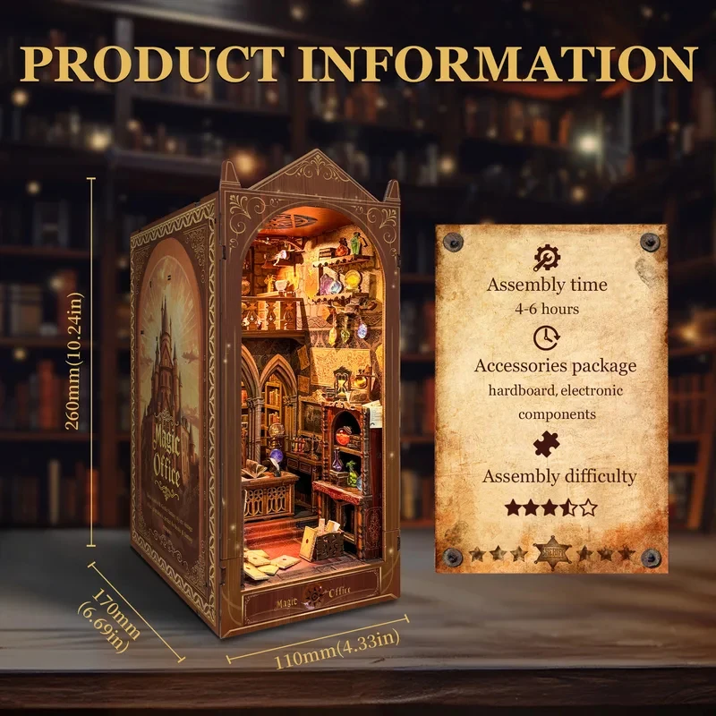 

OUZEY DIY Wooden Magic Office Book Nook Shelf Insert Kits Miniature Model With Light Bookend for Friends Birthday Gifts