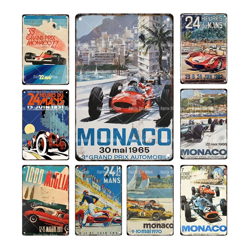 Placa de hojalata de Metal de coche de carreras de Monaco Vintage, pintura de hierro Retro, decoración de pared, póster, garaje, decoración al aire libre