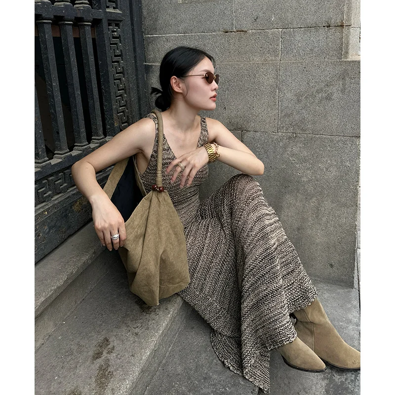 

Retro Knitted Long Dresses Suspender Women Autumn Khaki Contrast Stitching V-neck Slim Clothing Halter Loose Waist Sleeveless