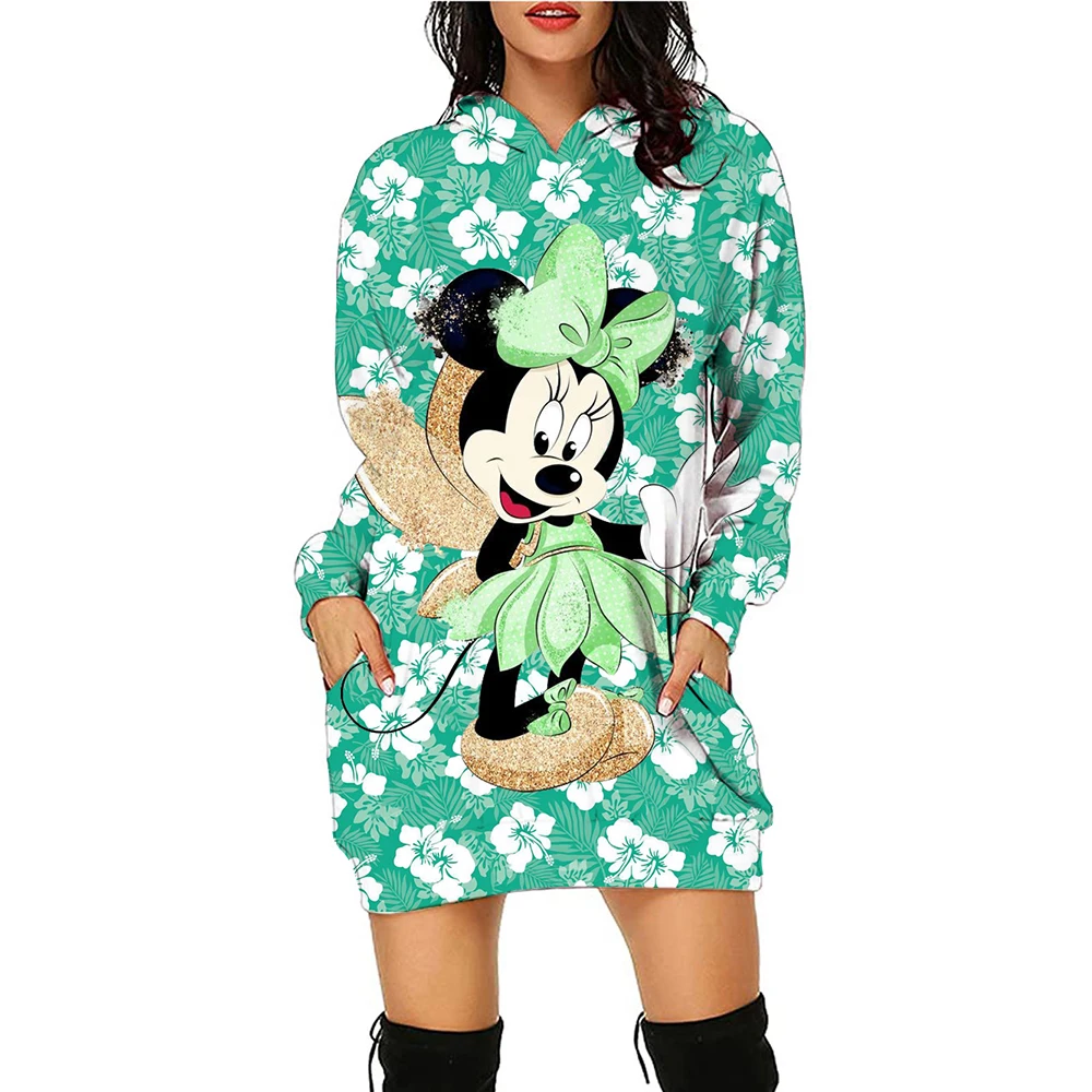 New Disney Series Mickey Mouse Minnie Hoodie Print Hooded Sweater Dress Casual Street Style Ladies Warm Sweater Dress