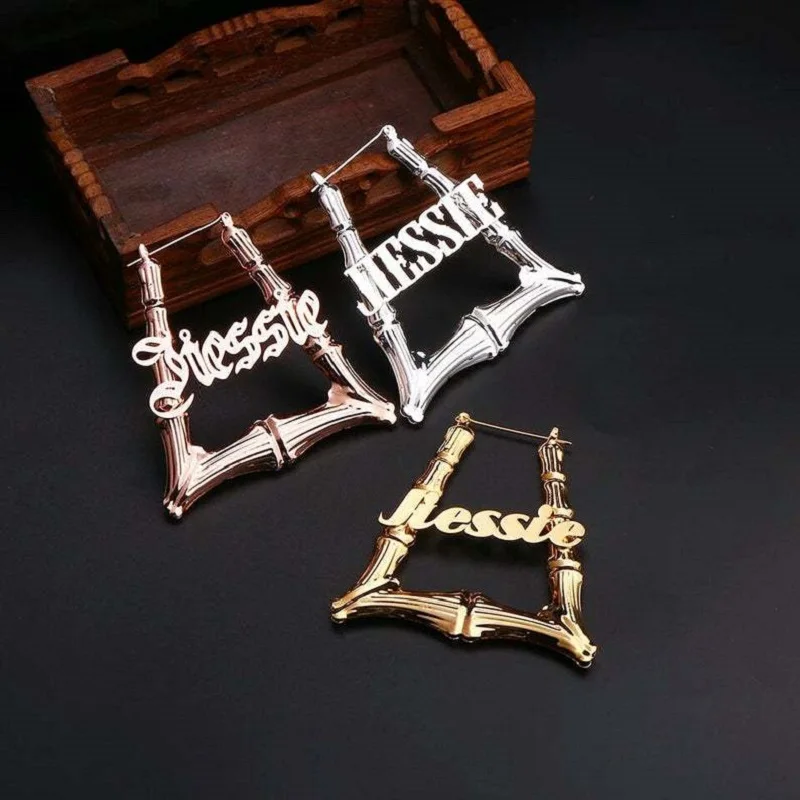 

Custom Name Earring Personalized Trapezoidal Stainless Steel Bamboo Earrings Women Name Customized Earrings For Gift