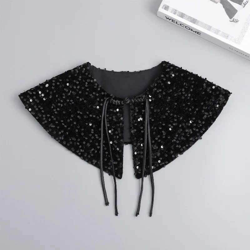 여성용 셔츠 가짜 칼라, 여성용 스팽글 장식 클래식 라펠 셔츠, 탈부착 가능한 숄 가짜 칼라, 여성 및 소녀 의류용