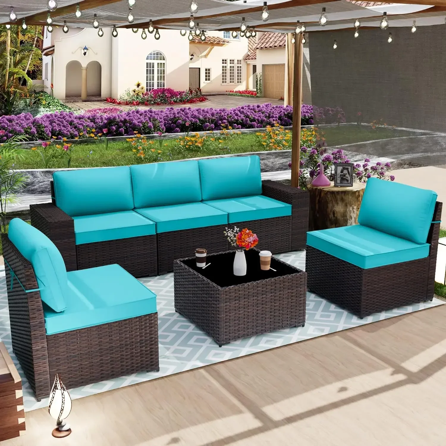 

A Sectional Sofa Outdoor Furniture All Weather Brown PE Rattan Patio Conversation w/5 Seat Cushions