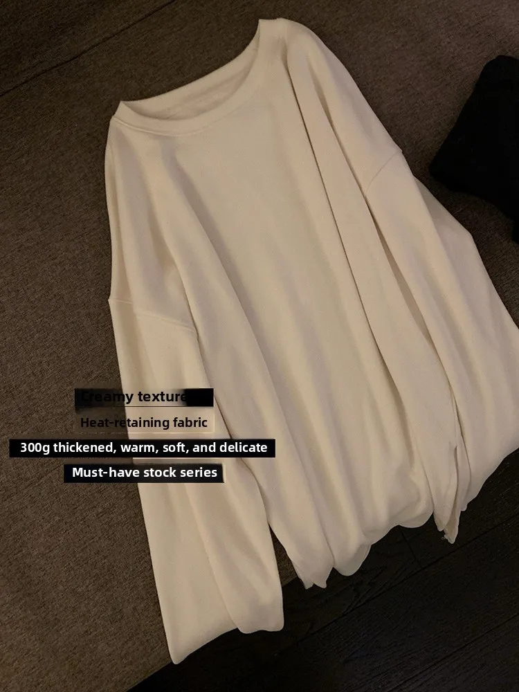 

High Comfortabili Thiened Double-sided Fce Heating Fabric Loose T-irt Base Layer Casual Sle round Ne Mid-Length