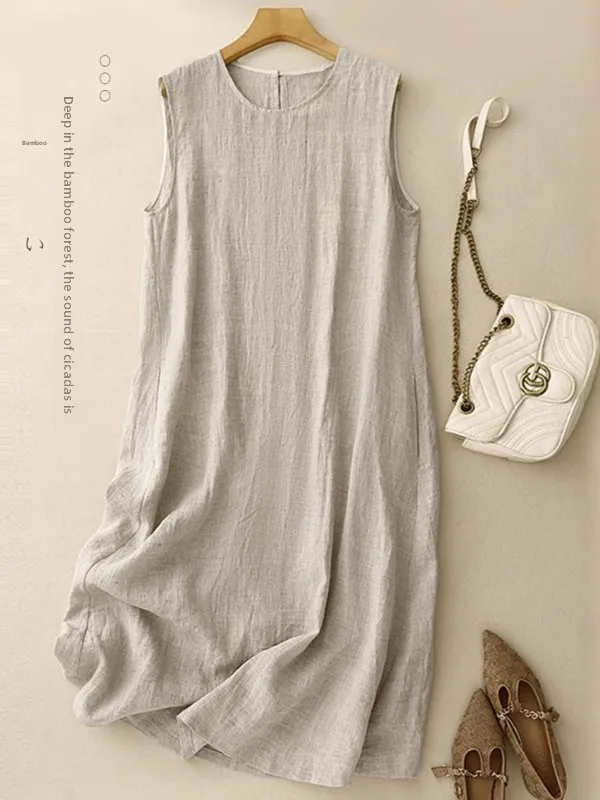 

Elegant Mid-Length Sleeveless Vest Dress Women's plus Size Artistic Casual Versatile High Waist A-Line Summer Dress