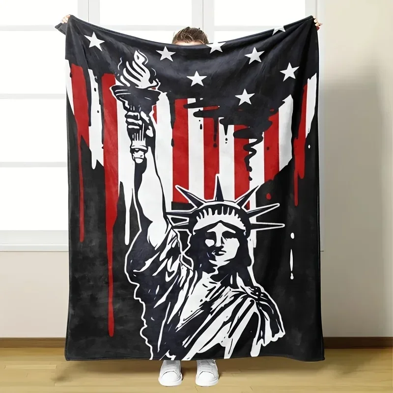 Vintage Statue of Liberty American Flag Design Throw Blanket Cozy Housewarming Gift for Patriotic Decor
