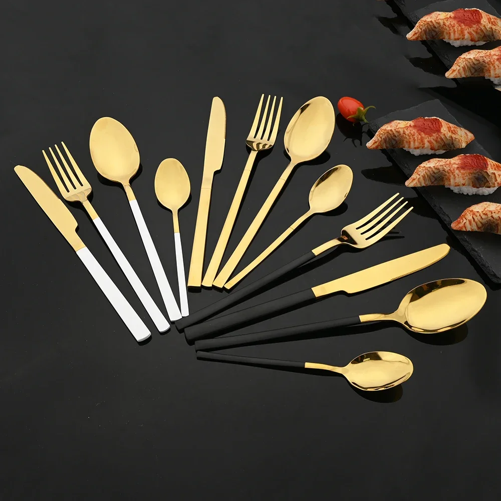 12Pcs White Gold Cutlery Set Stainless Steel Tableware Dinner Knife Fork Coffee Spoon Dinnerware Set Kitchen Flatware Silverware