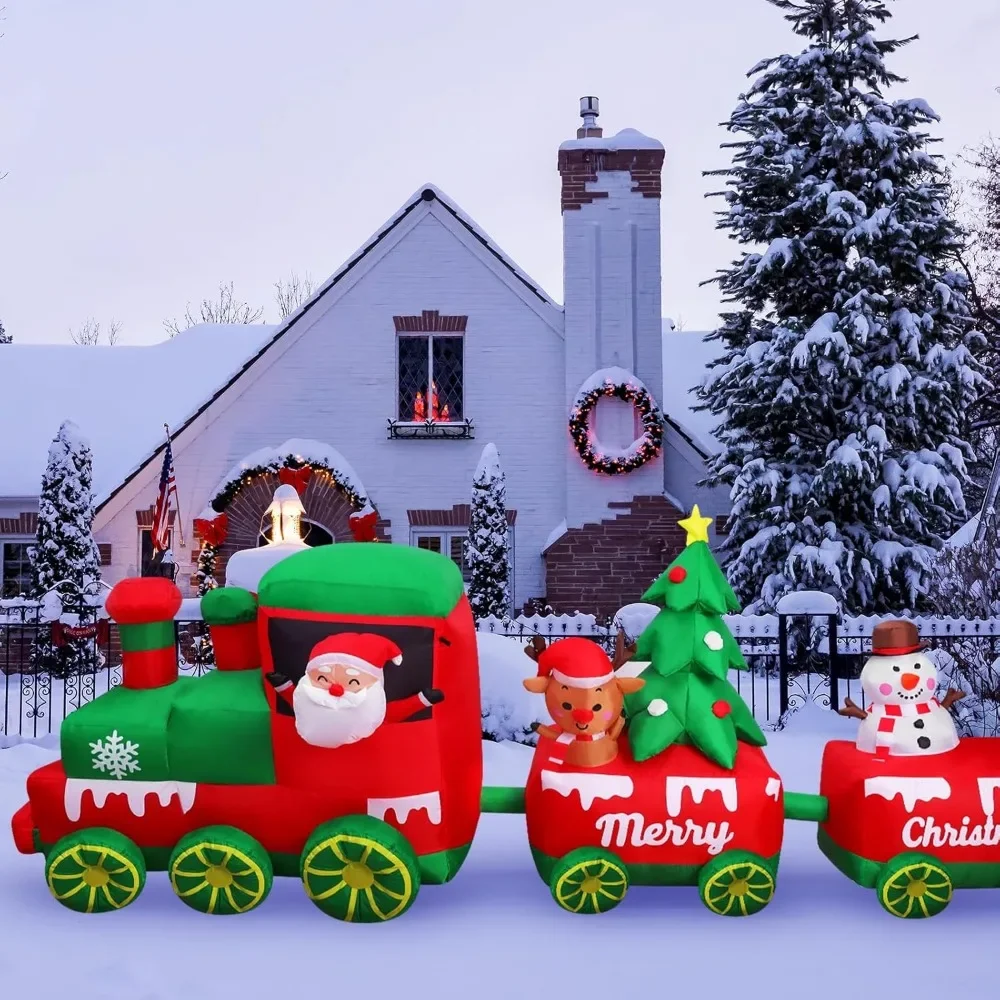 

10.7 FT Christmas Inflatables Train with Santa Claus Reindeer Snowman Christmas Tress Built-in LED Lights Blow Up Christmas