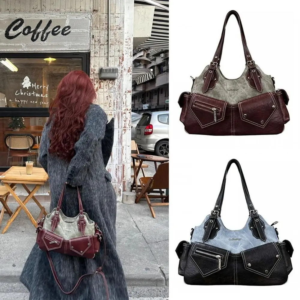 

PU Women's Shoulder Bag Crossed Color with Denim Patchwork Crossbody Bag Casual Design Large Capacity Armpit Handbag