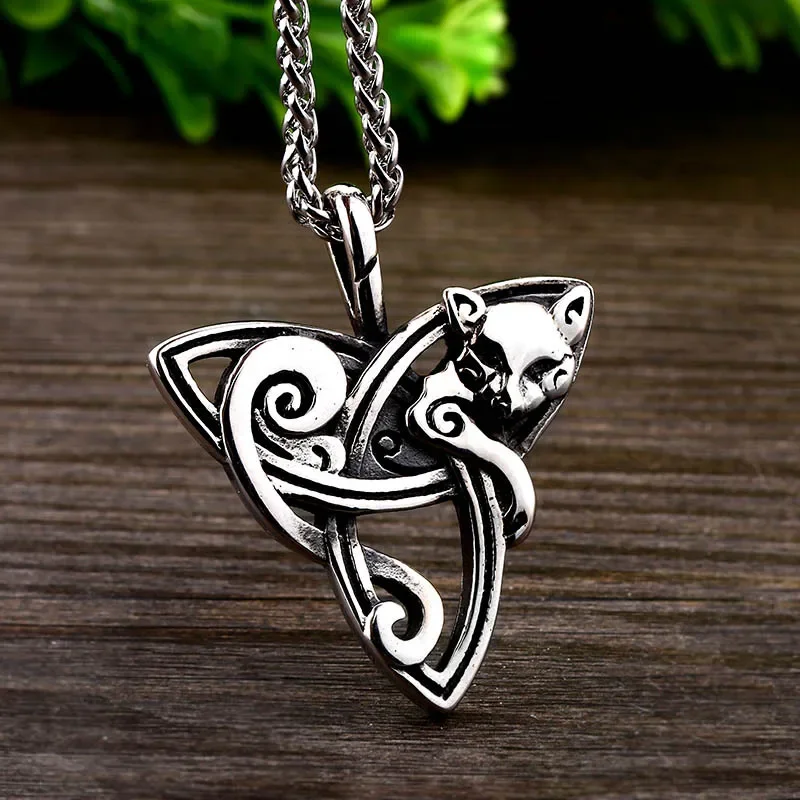 

Celtic Triquetra Trinity Knot Kitty Cat Pendant Stainless Steel Men's Necklace Chain