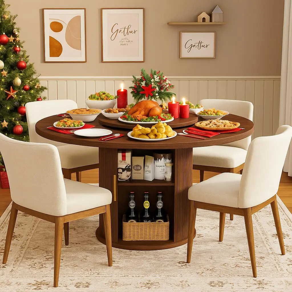 55" Round Dining Table for 6, Modern Kitchen & Dining Room Table with Rotating Lazy Susan, Fluted Pedestal Base with Hidden Stor