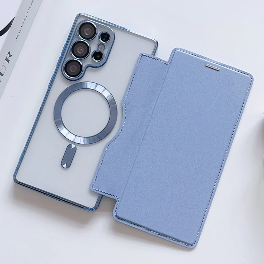 Magnetic Flip Leather Card Slots Holder For Magsafe Phone Case For Samsung S26 S25 Edge S24 S23 Ultra S22 Plus Clear Plated Caps