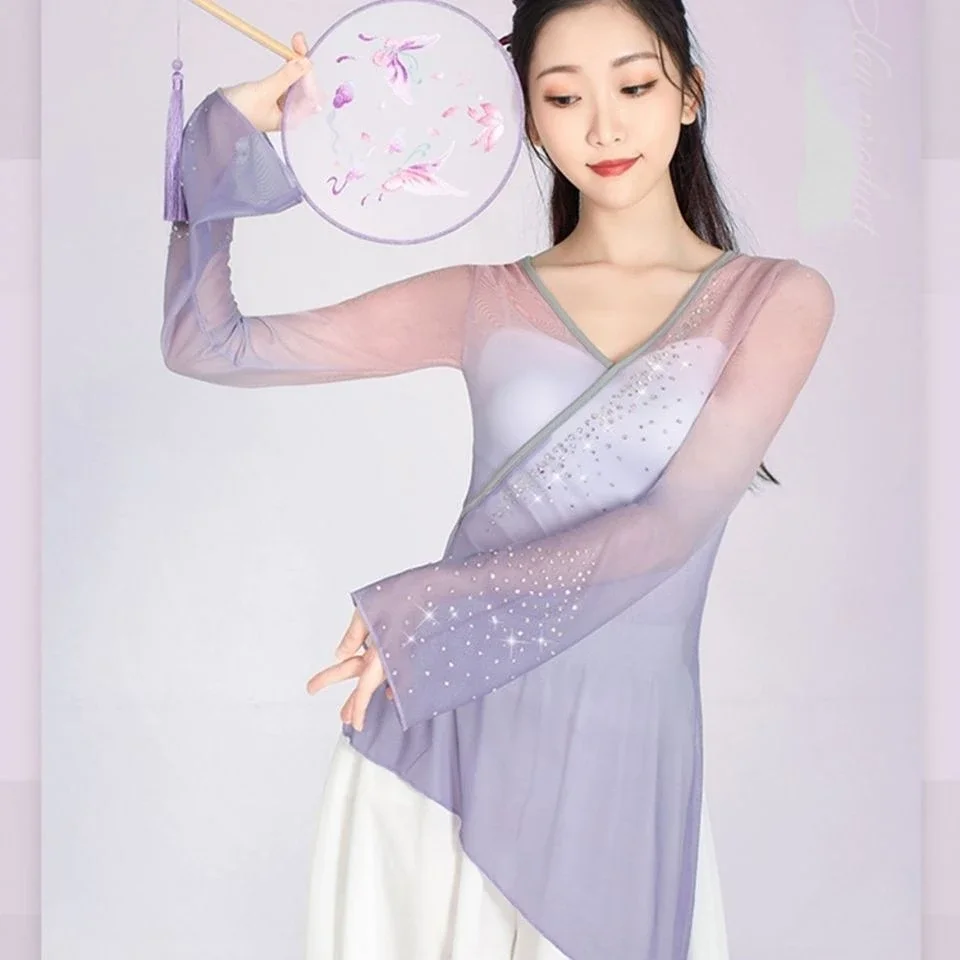 Trajes nacionales clásicos, ropa de práctica Hanfu, gasa elegante, Top de baile moderno, Blusa con cuello en V, camisa de baile de manga larga