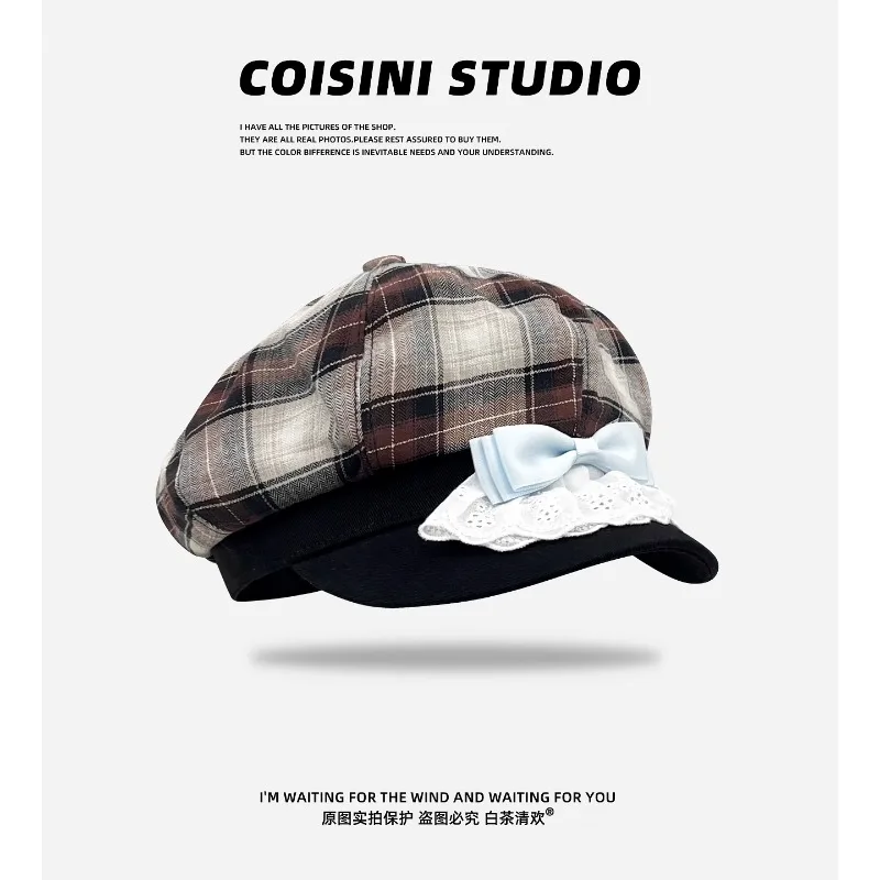 

Korean Version of Sweet Bow Retro Plaid Berets Cap for Women Spring Summer Travel Fashion Versatile Atmosphere Octagonal Hats