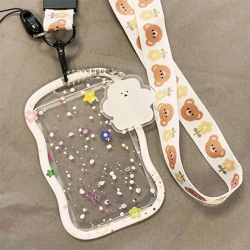 حامل بطاقات بقلادة على شكل نجمة منقطة، تصميم سلك زنبركي أبيض، حافظة شفافة مع زخرفة منقط، تخزين بطاقات صور أيدول، مضاد للفقدان لبطاقات العمل والبطاقات الوصول، ملحق لطيف للاستخدام اليومي #6