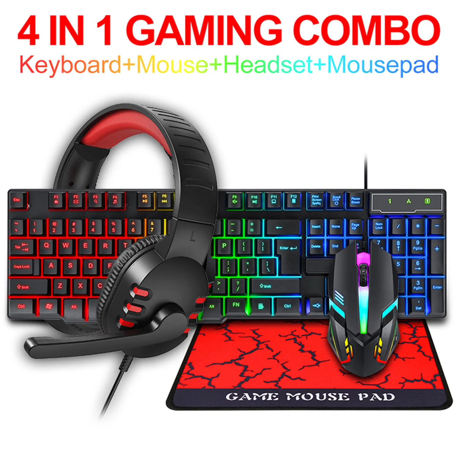 مجموعة Esports 4 في 1 مجموعة لوحة مفاتيح سلكية للألعاب بإضاءة خلفية RGB وسماعة رأس وماوس، لوحة مفاتيح سلكية بإضاءة خلفية LED قوس قزح للعبة