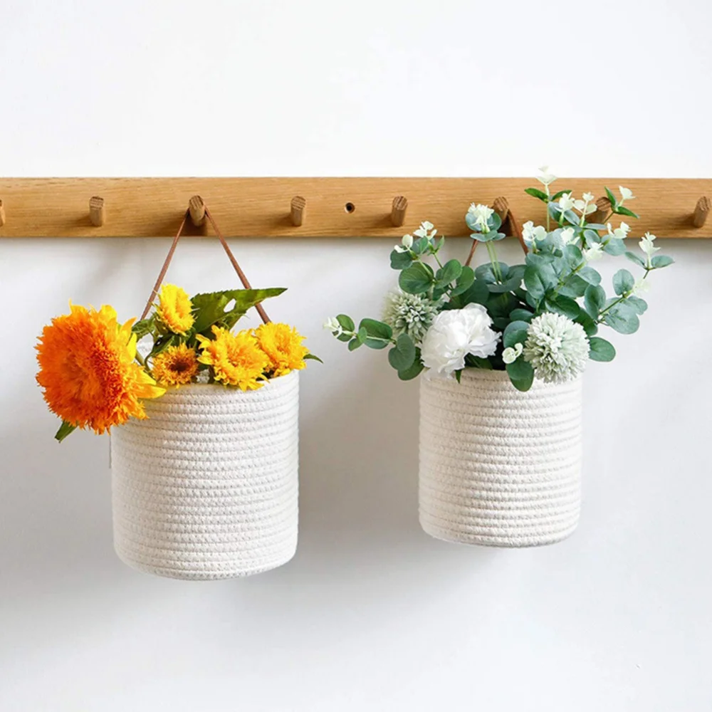 Wall Hanging Flower Basket Pot Woven Cotton Planter Home Storage Baskets For Kitchen Tableware Bathroom Sundries Organizer