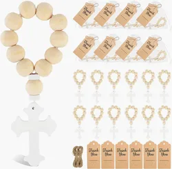 12/18PCS Catholic Wooden Rosary Bead with Cross Beads Christening Favors with White bag  for the First Communion Confirmation