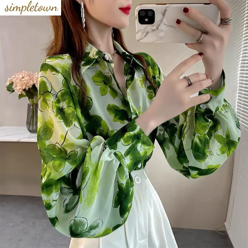 

2024 Spring/Summer New Long Sleeved Loose Print Shirt Flip Collar Style Korean Lantern Sleeve Shirt for Women