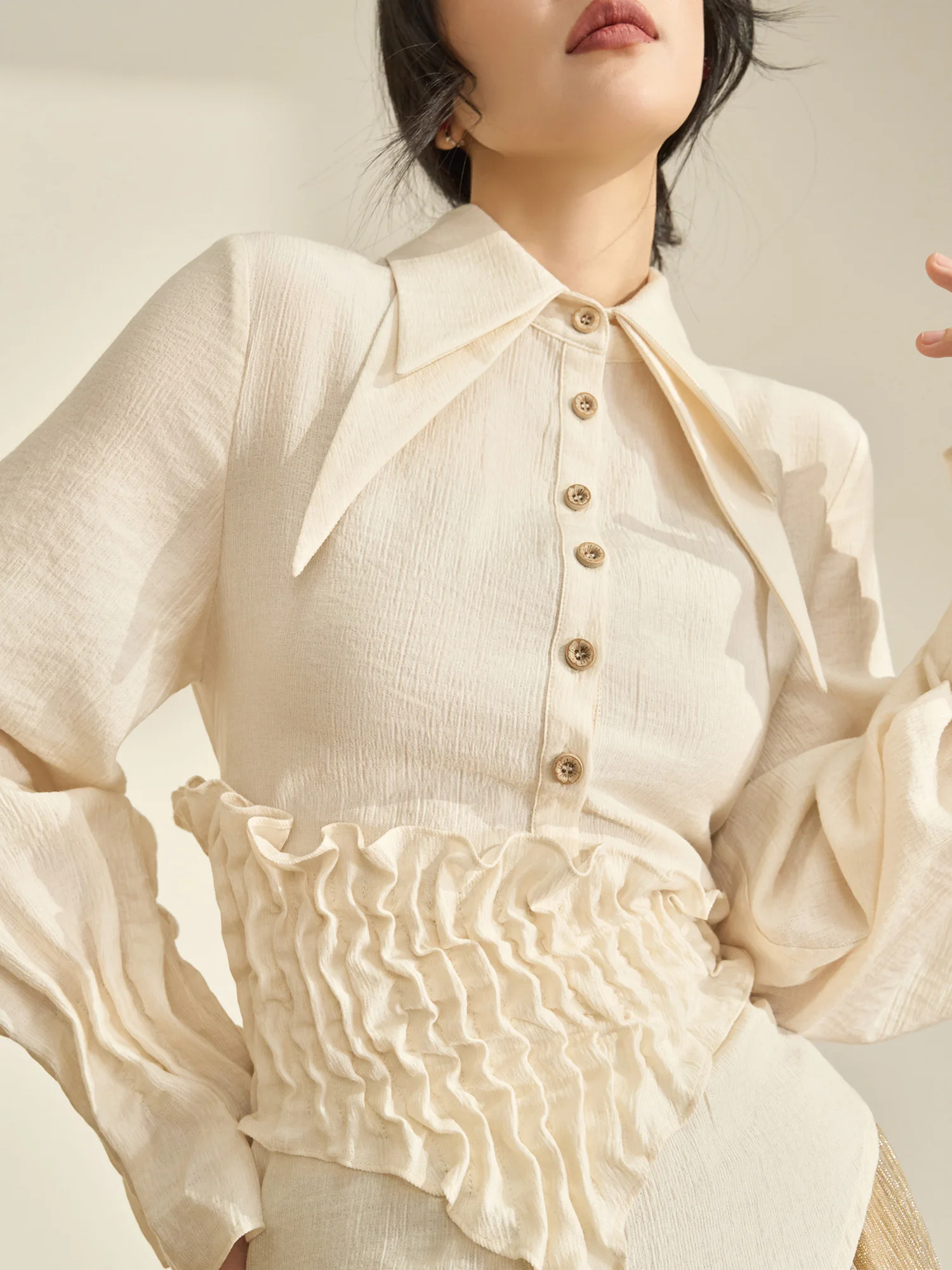 

Flowing Era Women's Slimming irt Ele Folded Waist Design Spring New Sle Casual Comfortable Polyester Long Sve irt