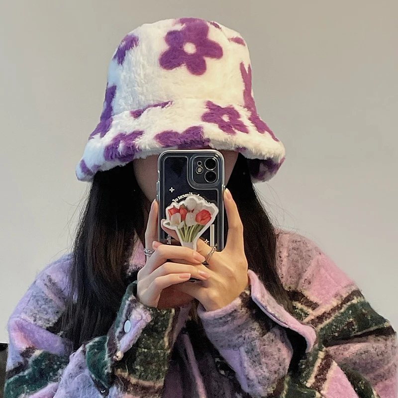 Women Flower Print Plush Bucket Hats Winter Outdoor Keep Warm Hat Ear Protection Fisherman Cap Soft Velvet Furry Panama Caps