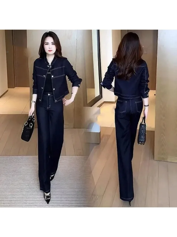 

Женский джинсовый костюм-двойка 4XL больших размеров, осенний, с высокой талией, в корейском стиле, прямые джинсы, 2 предмета