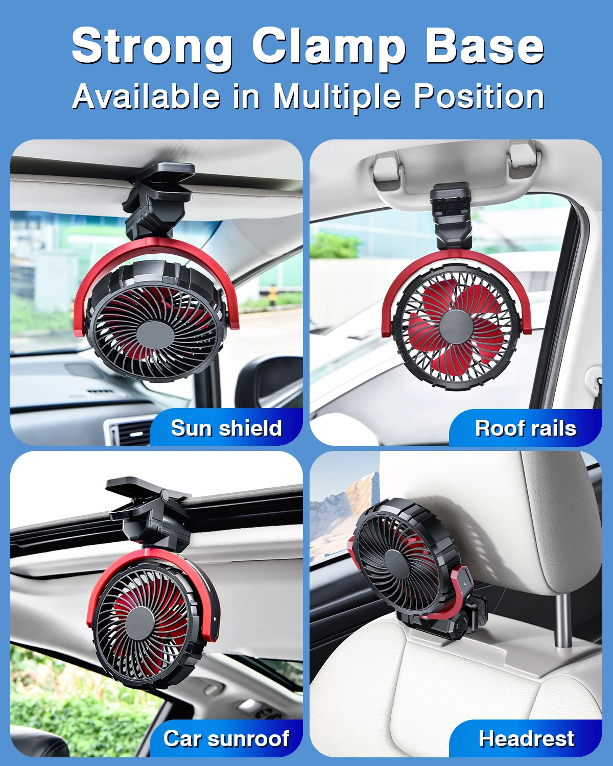 Hipacool Car Cooling Clamp Fan 2000mAh USB Rechargeable Fan Burshless Cooler 900° Rotatable Portable Cooling Tool Car Electronic