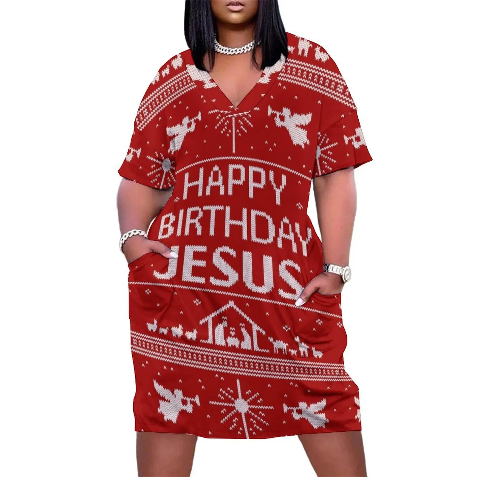 Happy Birthday Jesus - Ugly Christmas Sweater - Scandinavian Knit Red White - Religious Christian Loose Pocket Dress