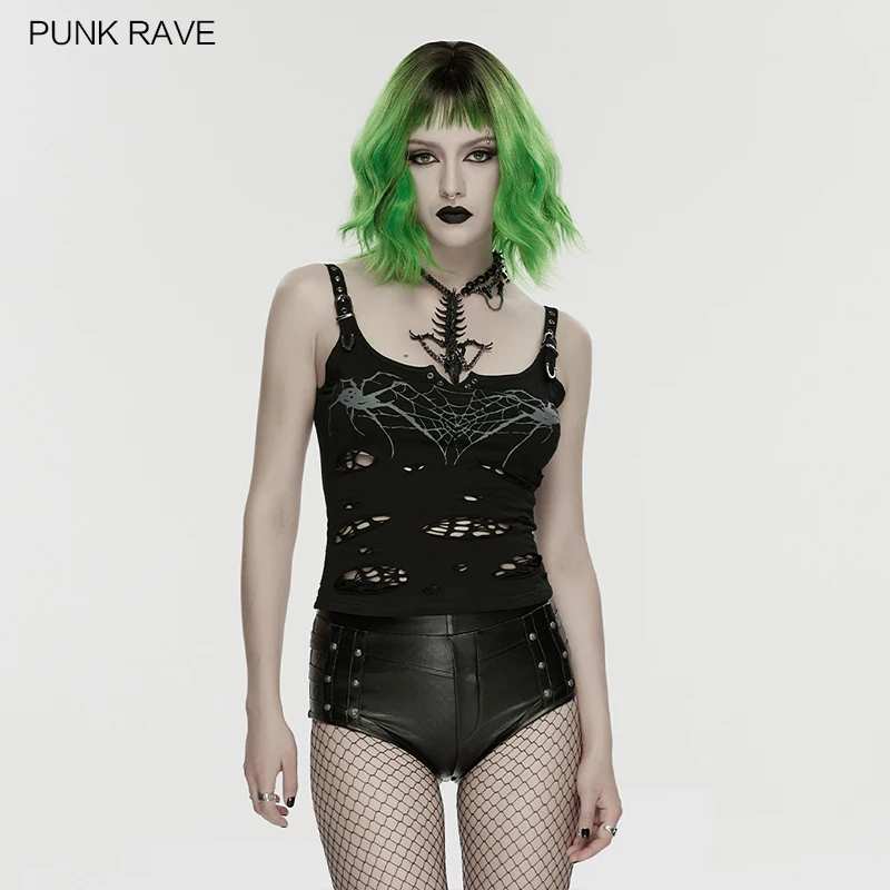 PUNK RAVE Women's Punk Rubberized Knitted Curves Booty Dark Hot Pants Metal Elements Motorcycle Cool Girl Shorts