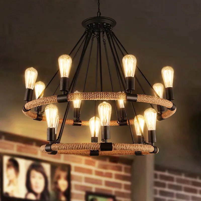 TEMOU American Style  Pendant  Nostalgic Loft Industrial Style Internet Cafe Restaurant Hot Pot Shop Retrohemp Rope Chandelier