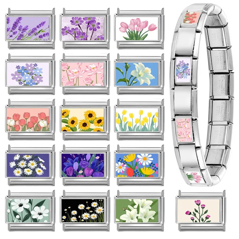 2025 Women's New Fashion Romantic Flower Purple Flower Hyacinth Italian Charms Fit 9mm Stainless Steel Bracelet DIY Jewelry Gift image 2