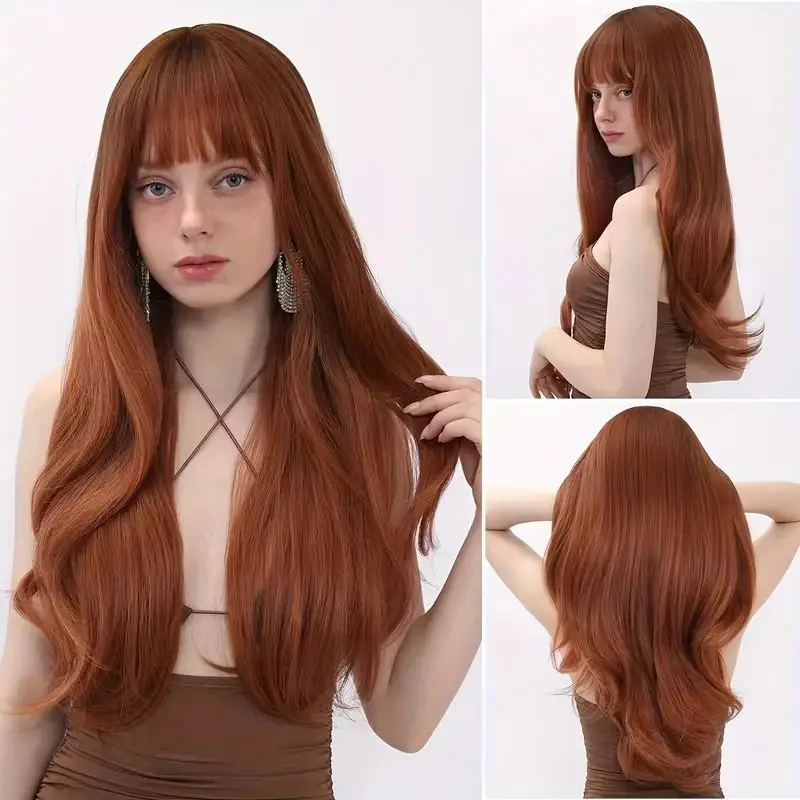 

Brown Synthetic Wig With Long Wavy Bangs, Stylish For a Party, Acting As a Wig, Lightweight And Breathable, Full Head Cover.
