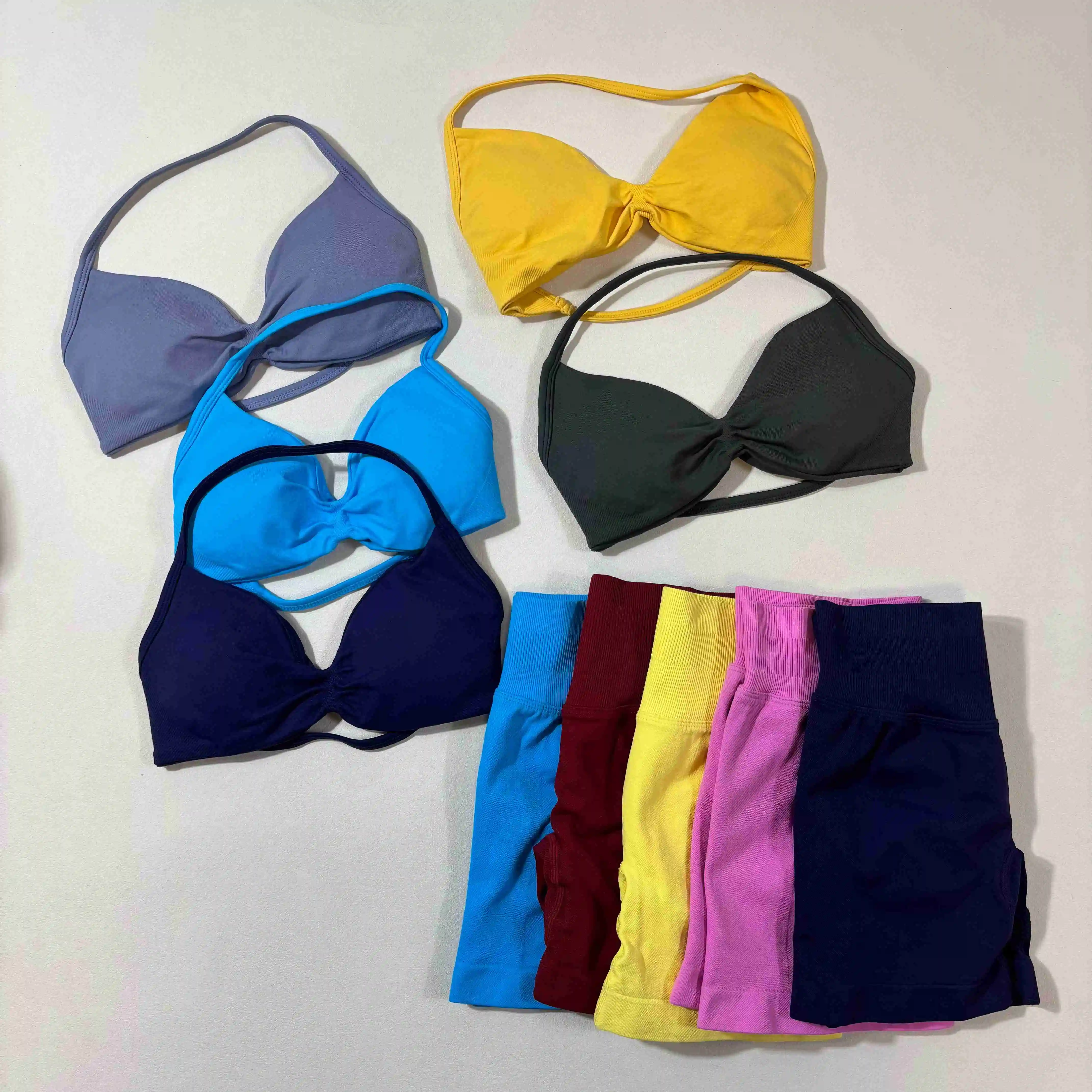 UETEEY 2PCS Yoga Gym Set Women Seamless Strappy Yoga Bra High Waist Workout Scrunch Shorts Sports Set Fitness Clothes Sportswear