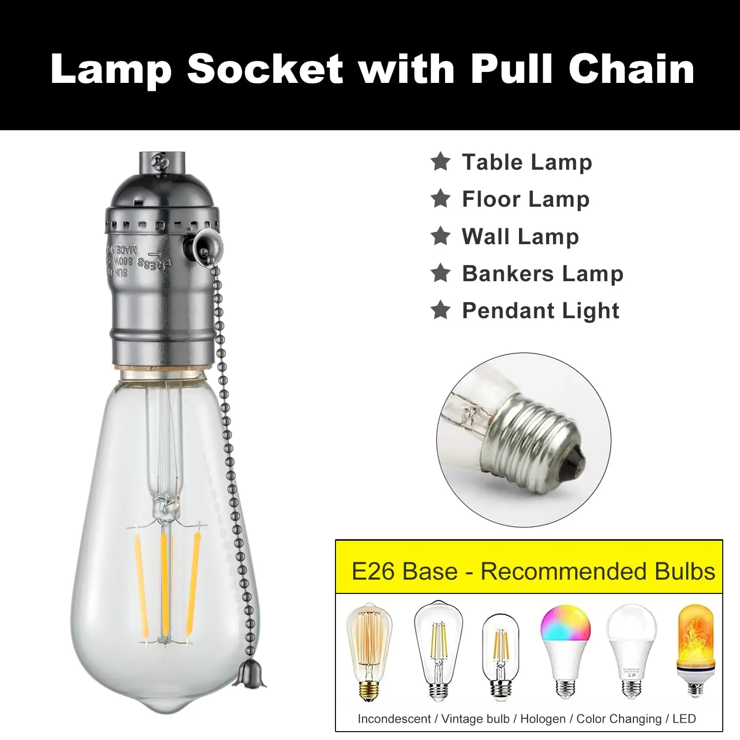 Vintage E26/E27 Lamp Socket with Pull Chain Switch, 3-Pack Black Bulb Base for Table & Floor Lamps Replacement Parts