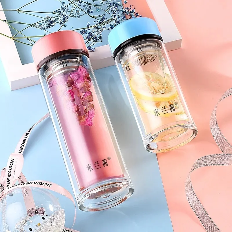 Glass Cup Double Layer Men and Women Portable Thermal Insulation Thickening Anti-fall Household Water Cup Filter Car Tea Cup