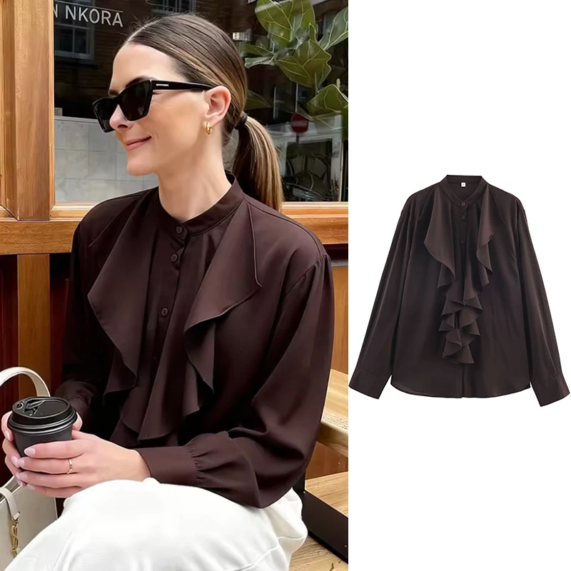 Koszule biurowe Bluzki Damskie 2026 Nowa Wiosenna Moda Retro Eleganckie Bluzki z Falbanami Szykowne Codzienne Uniwersalne Młodzieżowe Bluzki na Wakacje i na Ulicę