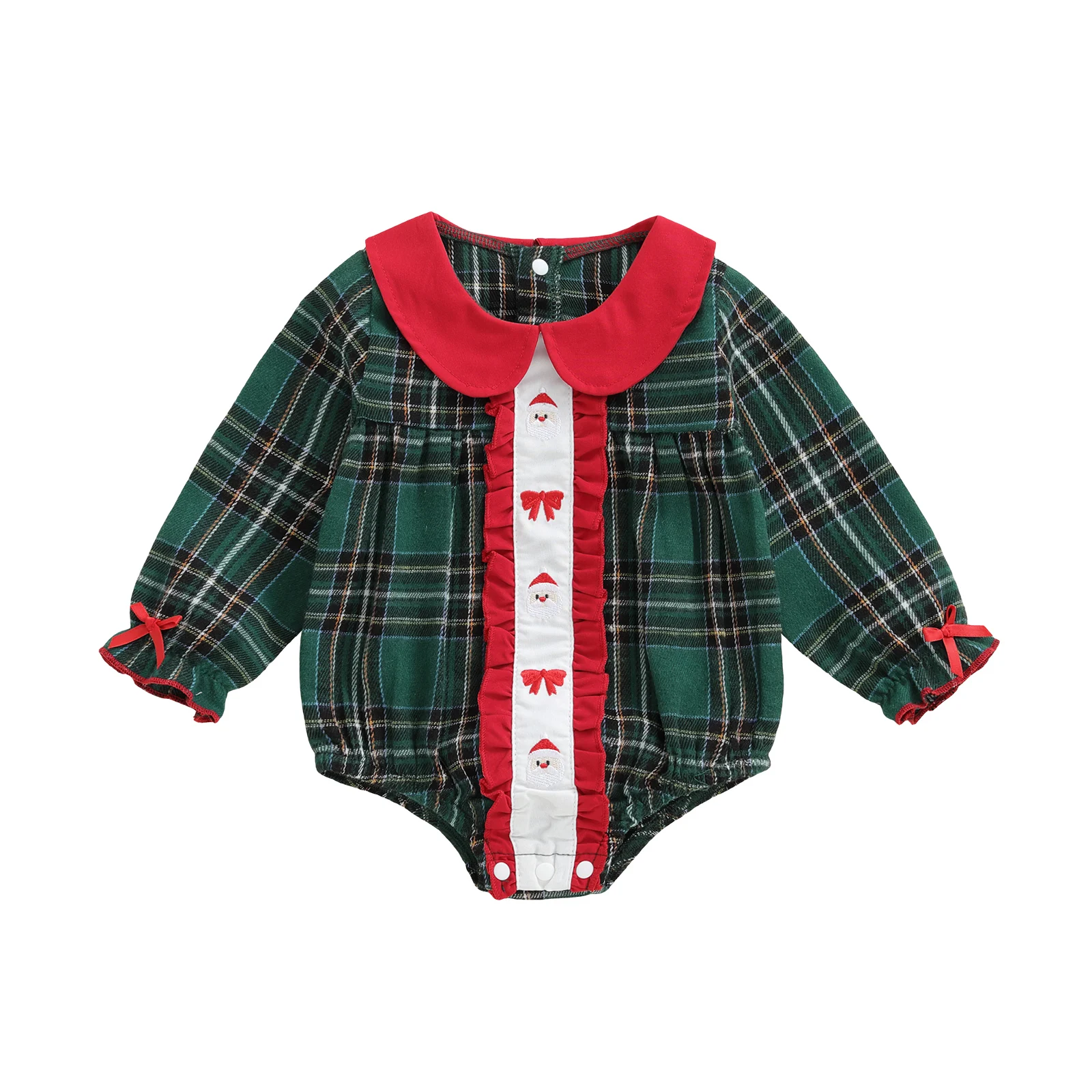 

Baby Girl Christmas Plaid Romper Santa Bow Embroidered Ruffle Trim Doll Collar Long Sleeve Bodysuit Cute Infant Clothes