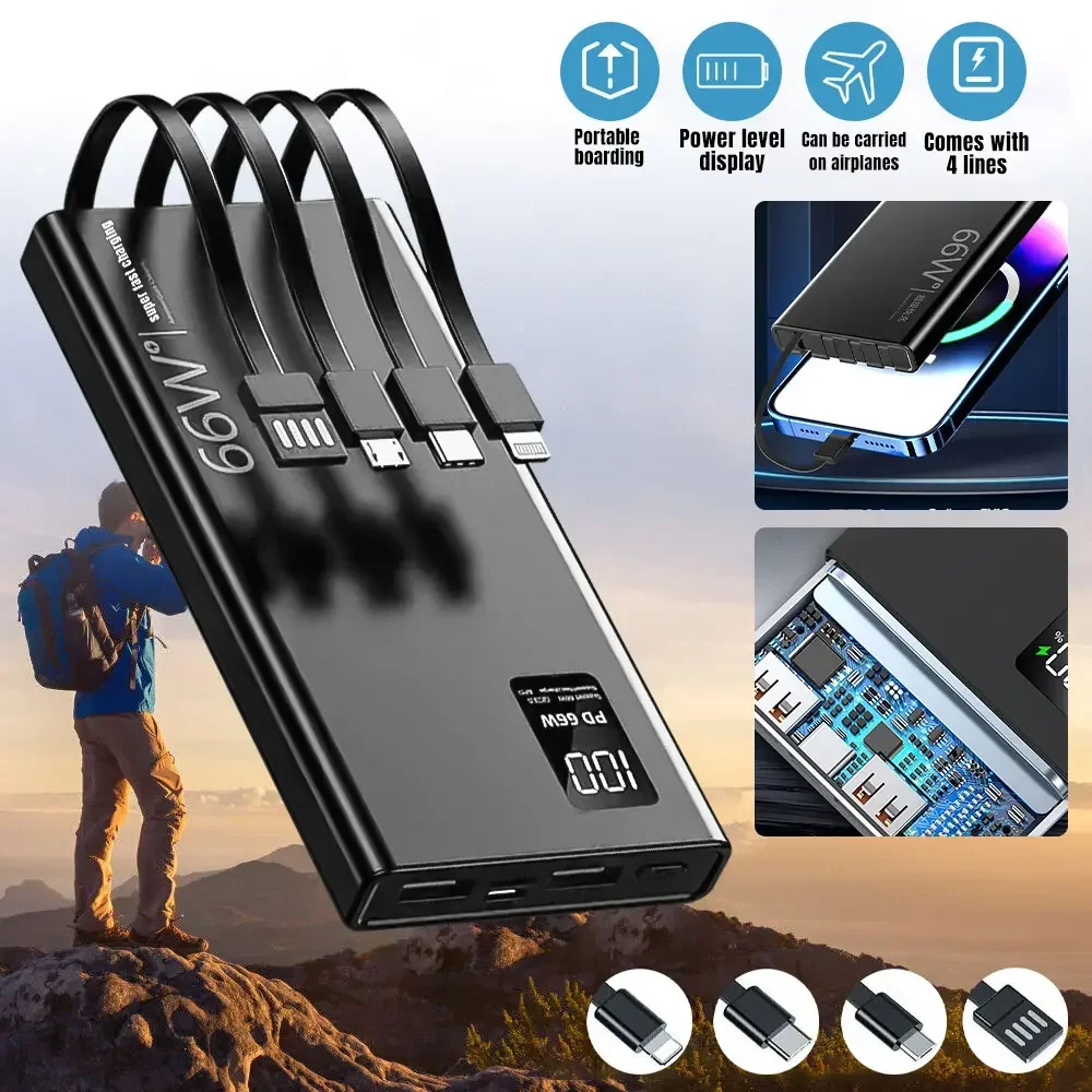 100000mAh Power Bank For Xiaomi iPhone Samsung 66W Super Fast Charging For 22.5W Built-in 4 Cables Portable Digital Powerbank