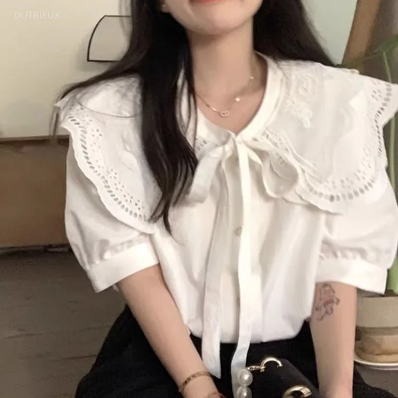 Women Shirts&blouses Peter Pan Collar Solid Ruffles Bows Vintage Blusas Mujer Puff Sleeve Elegant Korean Fashion Camisas