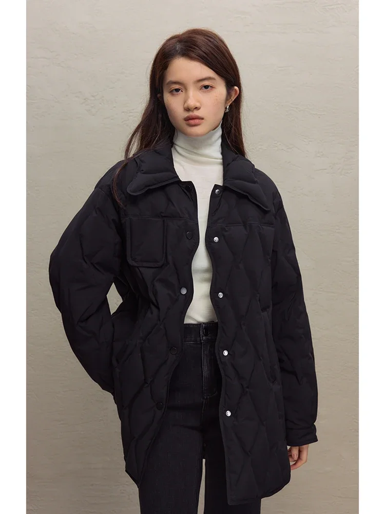 ZIQIAO Simple Loose Shirt-style Solid Color Down Jacket for Women Winter 2023 New Warm Design White Duck Down Coats Female