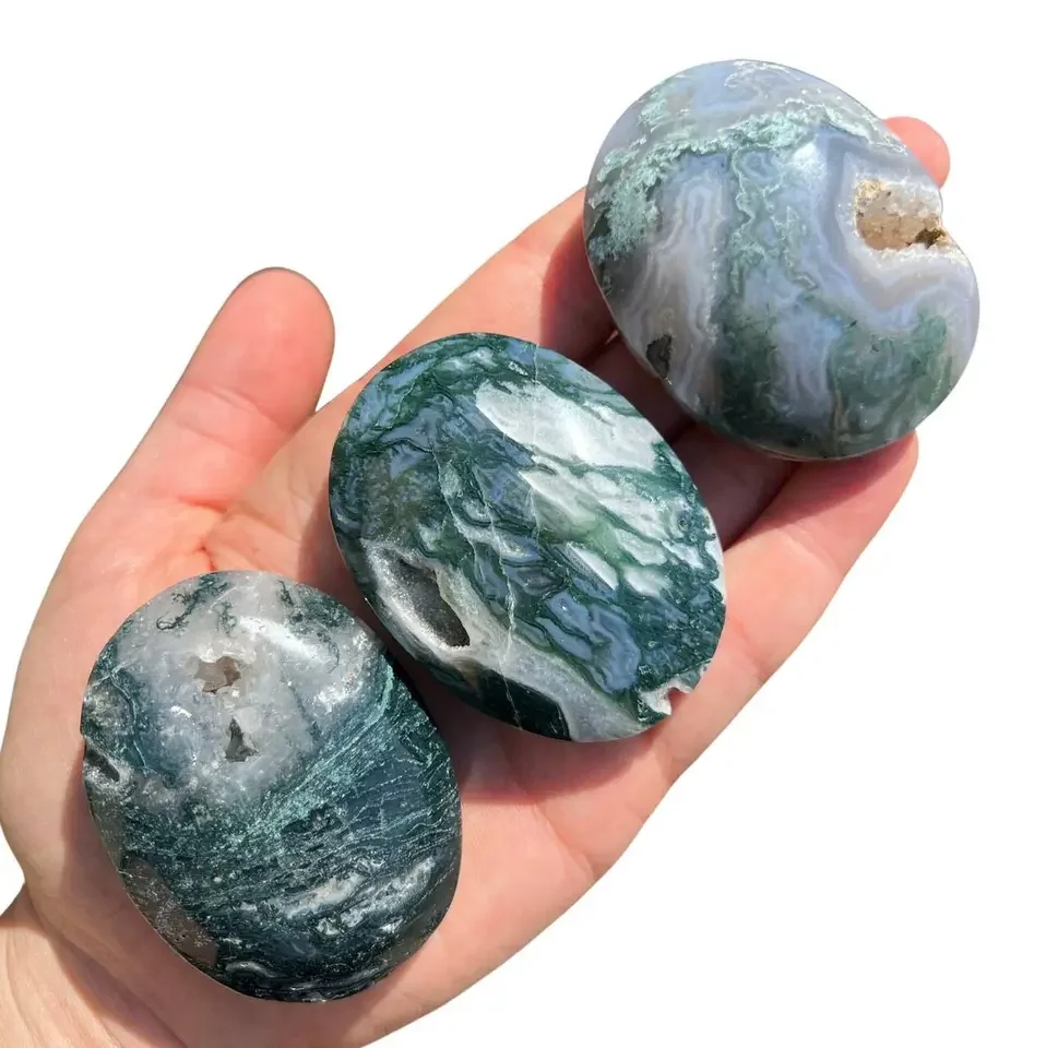 1pcs Druzy Moss Agate Palm Stones Healing Crystal Palmstone Pocket Stone Green Moss Bulk Gemstone High Quality Palms Gift