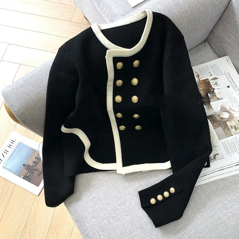 Black Double Breasted Sweater Cardigan Coat Elegant O-neck Long Sleeve Women\'s Spring  Autumn Korean Loose Fashion Short Tops