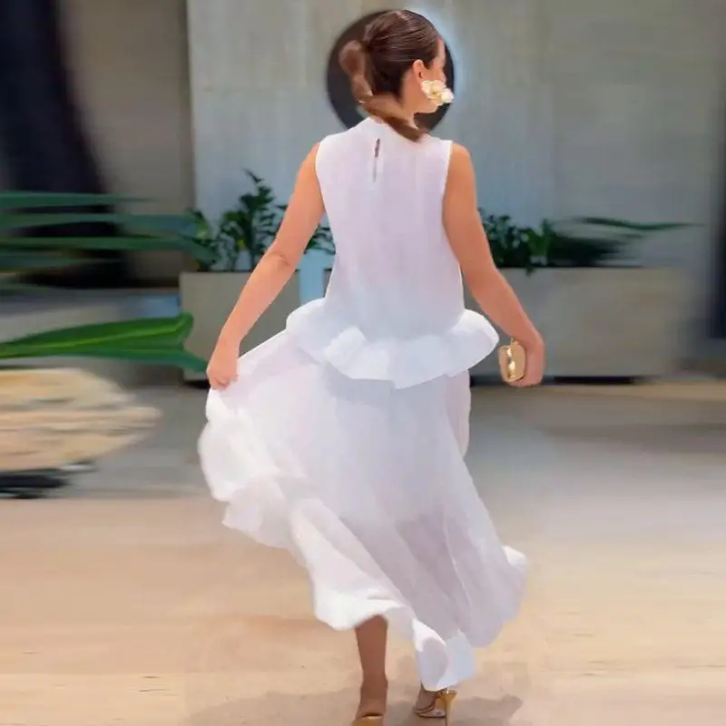 

Summer 2025 Women's Sleeveless White Skirt Set Floral Lace Vacation Style Three-piece Fashion Ensemble Winter Collection