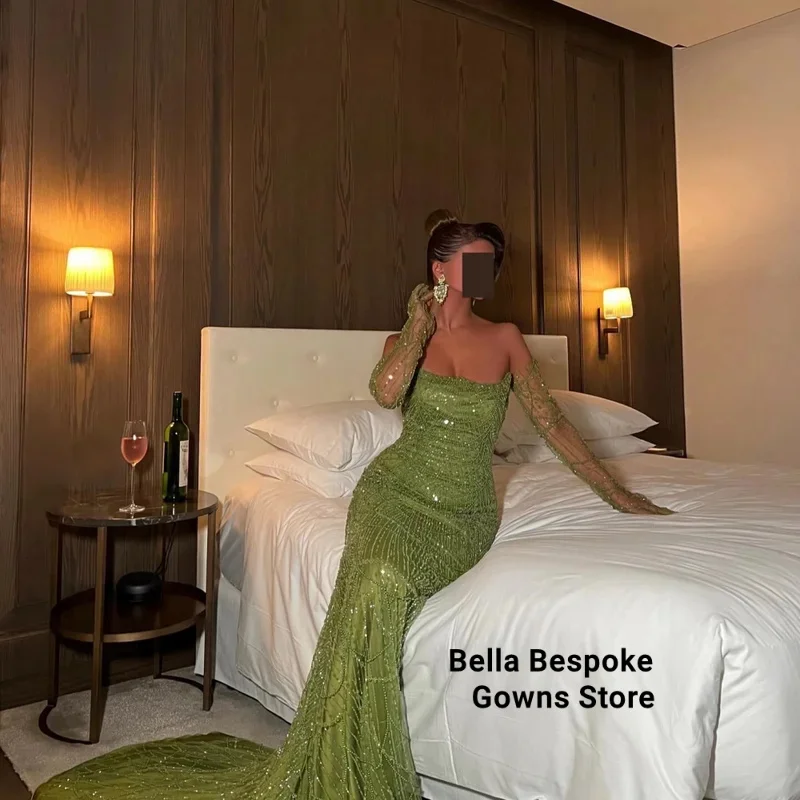 دبي فستان الزفاف حورية البحر الأخضر الترتر بدون حمالات قفازات فساتين السهرة طول الأرض فساتين السهرة حسب الطلب 2025