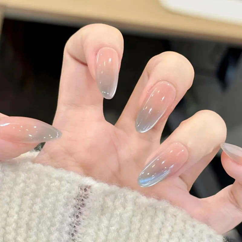 

30PCS Press on Nails Long Oval Gradient Glass Bead Cat Eye Nail Art with Detachable Nail Patch and Flashing Fake Nail Tips